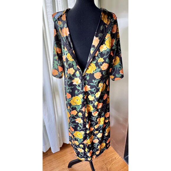 Vintage 80s housedress, black, bold orange, green floral, long sleeves, granny - Picture 5 of 7